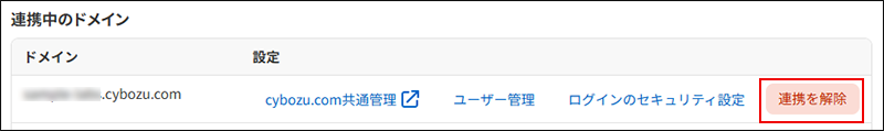 スクリーンショット：複数ドメイン管理の［ドメイン管理］画面で［連携を解除］が枠で囲まれている。
