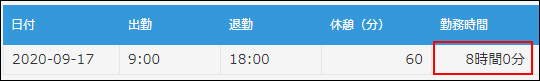 スクリーンショット:勤務時間を自動で計算している