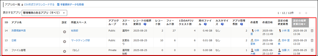 スクリーンショット:アプリの一覧