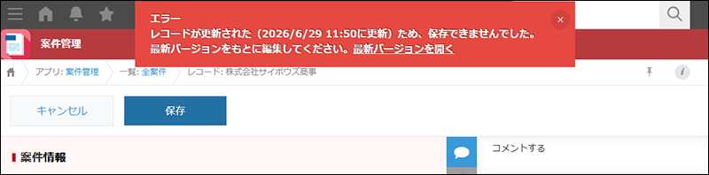 スクリーンショット：レコードの保存時にエラーが表示されている