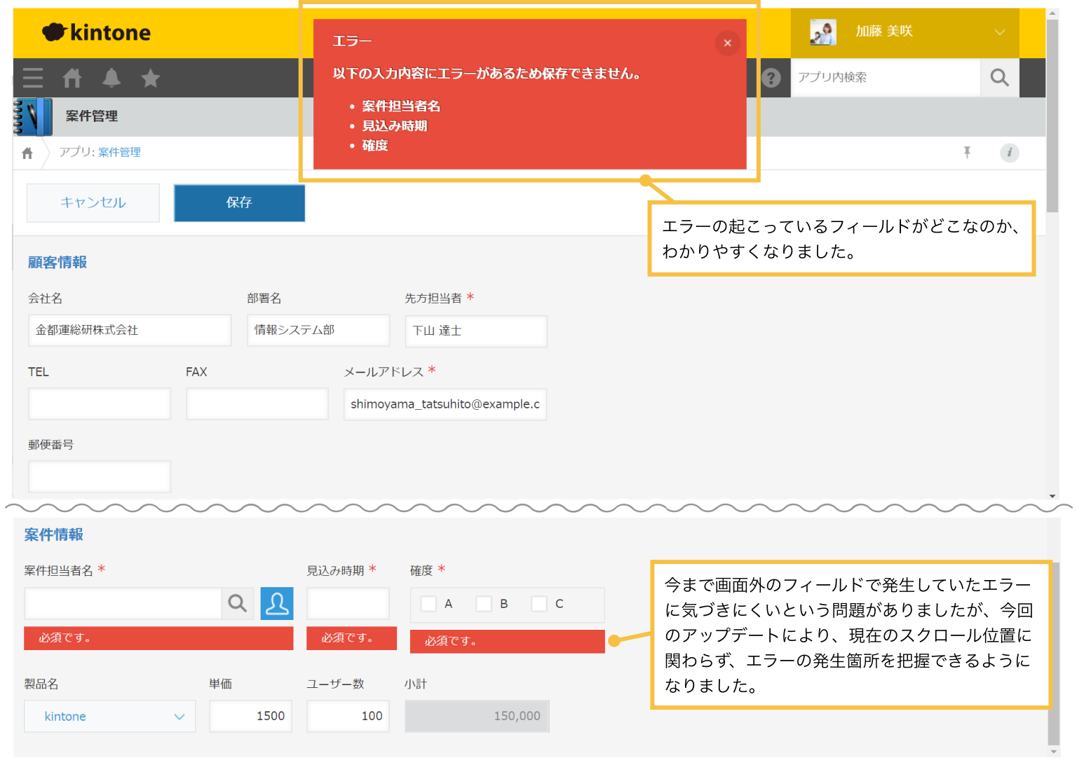 スクリーンショット: 今まで画面外のフィールドで発生していたエラーに気づきにくいという問題がありましたが、今回のアップデートにより、現在のスクロール位置に関わらず、エラーの発生箇所を把握できるようになりました。