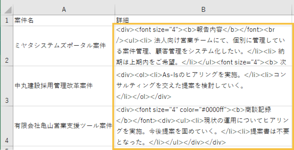 HTMLタグの入った入力内容が表示されたCSVファイル