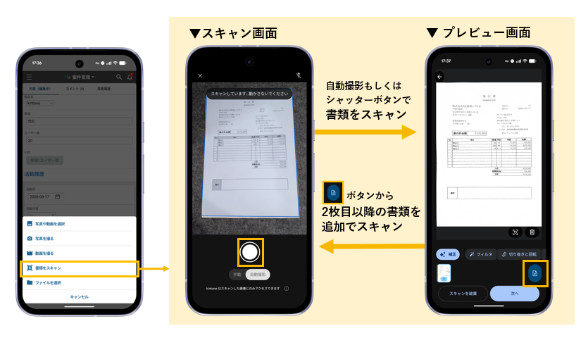 書類をスキャンする操作（ファイル添付メニュー・スキャン画面・プレビュー画面）