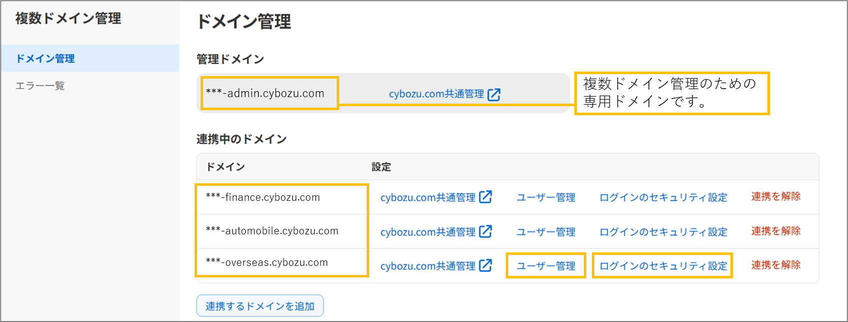 複数ドメイン管理のドメイン管理画面（管理ドメインと連携中のドメイン一覧）