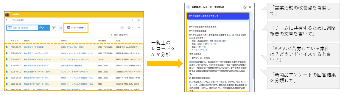 レコード一覧分析AIの利用例(レコード一覧をAIが分析し改善点や要約を提示するイメージ)