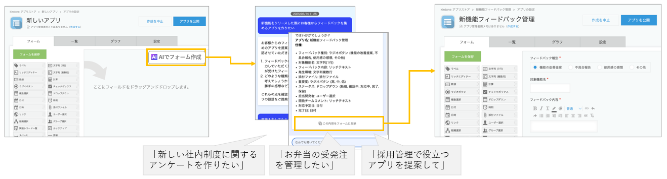 アプリ作成AIの利用例(AIとの対話からフォームを作成する流れ)