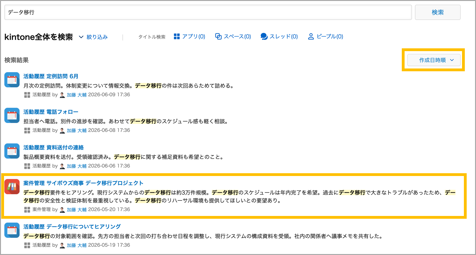 作成日時順で表示された検索結果画面のスクリーンショット