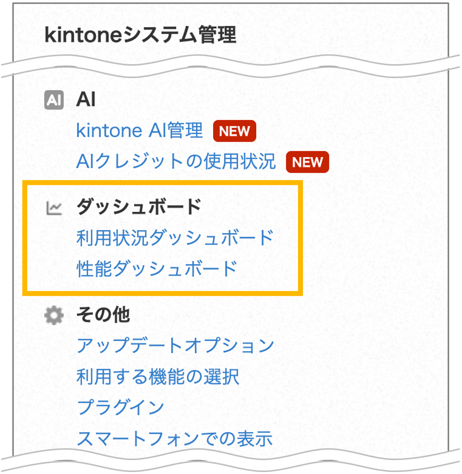 kintoneシステム管理のメニューに新設された「ダッシュボード」カテゴリー。利用状況ダッシュボードと性能ダッシュボードへのリンクがオレンジ色の枠で強調されている