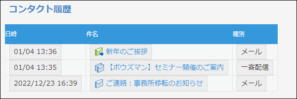 スクリーンショット:メールの配信や受信の履歴が表示されている