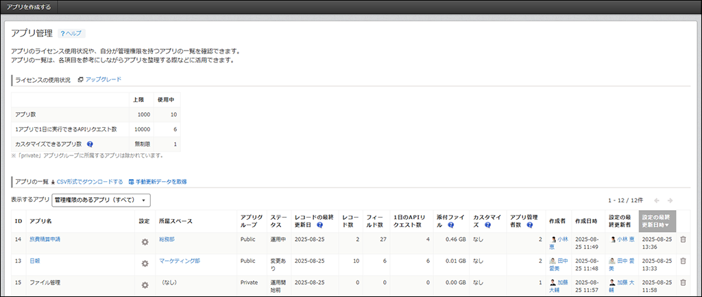 スクリーンショット：［アプリ管理］画面