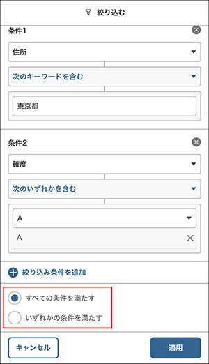 スクリーンショット：［すべての条件を満たす］［いずれかの条件を満たす］を枠線で強調している