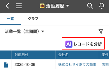 スクリーンショット：［レコードを分析］が強調されているレコードの一覧画面