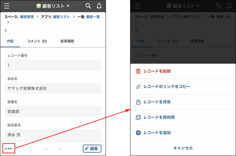 スクリーンショット:レコード操作メニューを開くまでの動線を示している