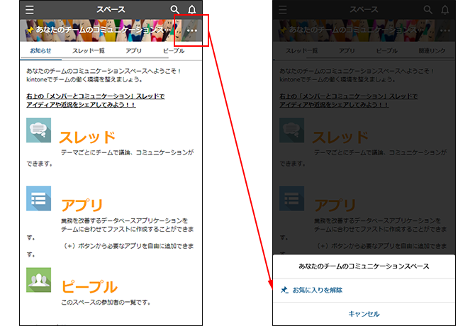 スクリーンショット:スペースをお気に入りから解除するまでの動線を示している