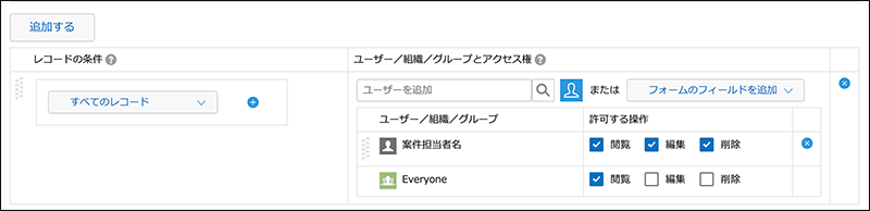 スクリーンショット:アクセス権の対象にユーザー選択フィールドを指定する例