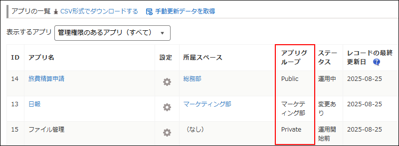 スクリーンショット:アプリ管理画面