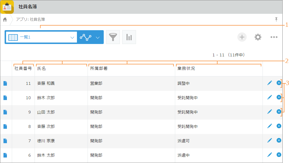 スクリーンショット:表形式の一覧が表示されている