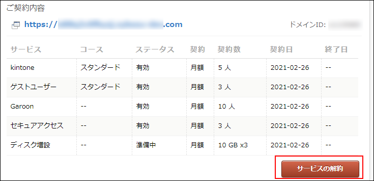 スクリーンショット：［サービスの解約］が枠線で強調されている
